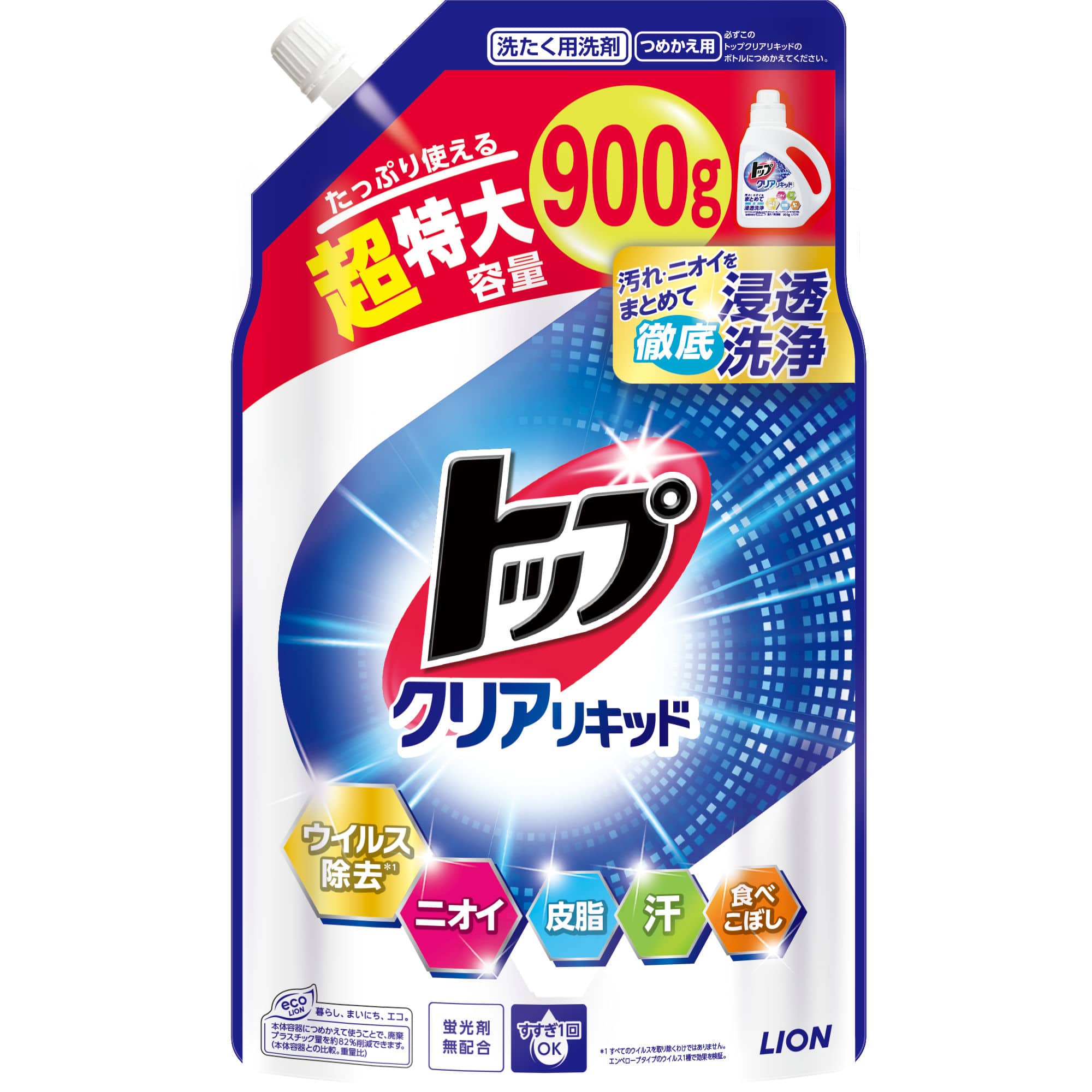 ライオン トップ クリアリキッド つめかえ用 超特大 (900g) 詰め替え用 洗濯洗剤 液体洗剤