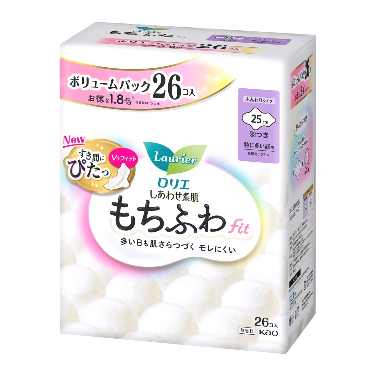 花王 ロリエ しあわせ素肌 もちふわフィット ボリュームパック 特に多い昼用 25cm 羽つき (26個) もちふわfit 生理用ナプキン 【医薬部外品】