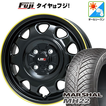 【新品 軽自動車】N-BOX タント スペーシア オールシーズンタイヤ ホイール4本セット 155/65R14 クムホ マーシャル MH22  オールシーズン(限定) レアマイスター LMG OFF-STYLE(グロスブラック/イエローリム) 14インチ