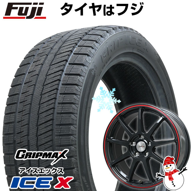 【新品】フリード 5穴/114 スタッドレスタイヤ ホイール４本セット 185/65R15 グリップマックス アイスX BSW ブラックサイドウォール(限定) レアマイスター LMスポーツLM-QR グロスブラック/レッドライン 15インチ(送料無料)