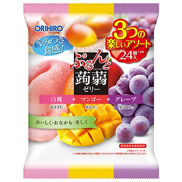 オリヒロ ぷるんと蒟蒻ゼリー 白桃＋マンゴー＋グレープ 480g(20gパウチ×24個)×12袋入