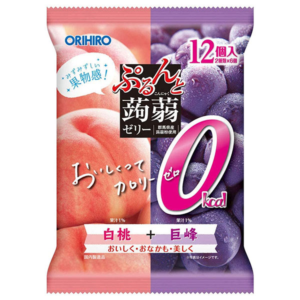 オリヒロ ぷるんと蒟蒻ゼリーカロリーゼロ 白桃+巨峰 18gパウチ×12個×12袋入