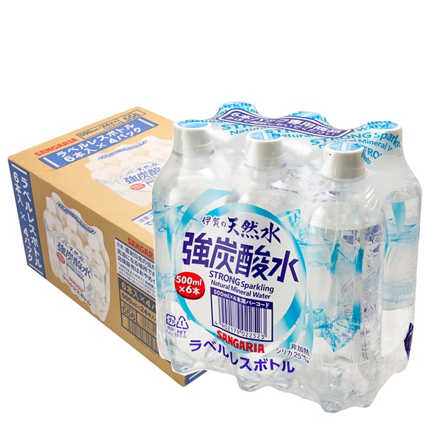 サンガリア 伊賀の天然水 強炭酸水 ラベルレス(6本パック) 500mlペットボトル×24(6×4)本入