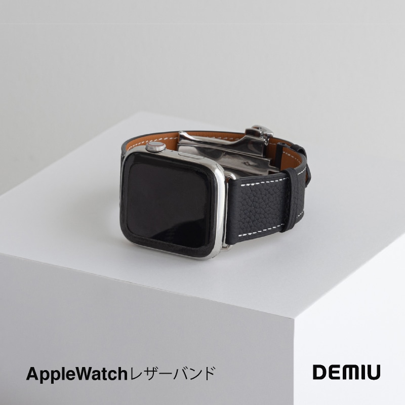 DEMIU公式  Apple Watch レザーバンド 42/44/45/49mm ブラック×金具シルバー