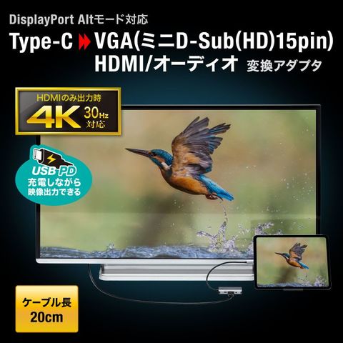 サンワサプライ】USB Type C-HDMI/VGA変換アダプタ(4K/30Hz/PD対応) 小型 ケーブル長20cm 3重シールド構造  【同梱不可】[△][SW]: ホビナビ ANA Mall店｜ANA Mall｜マイルが貯まる・使えるショッピングモール