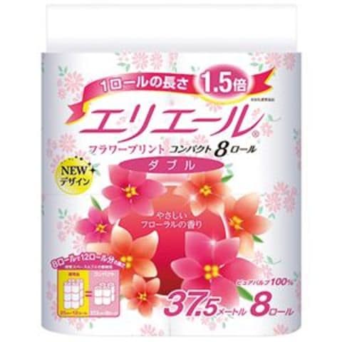 大王製紙 エリエールトイレットティシュー フラワープリント コンパクト ダブル 芯あり 37.5m 1セット（64ロール：8ロール×8パック）  【同梱不可】【代引不可】[△][TP]: ホビナビ ANA Mall店｜ANA Mall｜マイルが貯まる・使えるショッピングモール