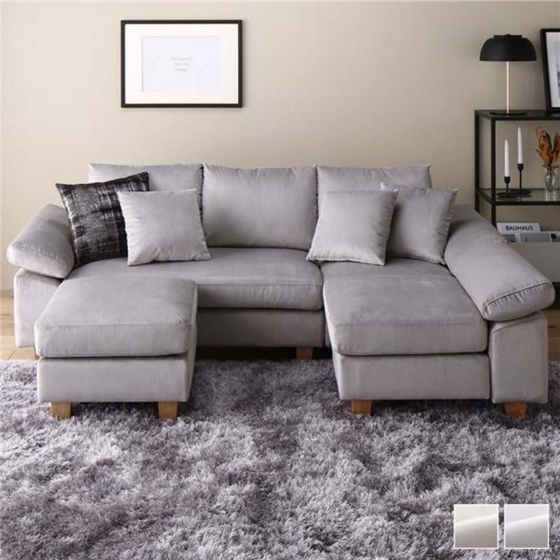 カウチソファ 〔 脚付き 木脚12cm ファブリック グレー 〕 ミニクッション3個付き カバーリング仕様 ベルベット調 お客様組立品 【同梱不可】【代引不可】[▲][TP]