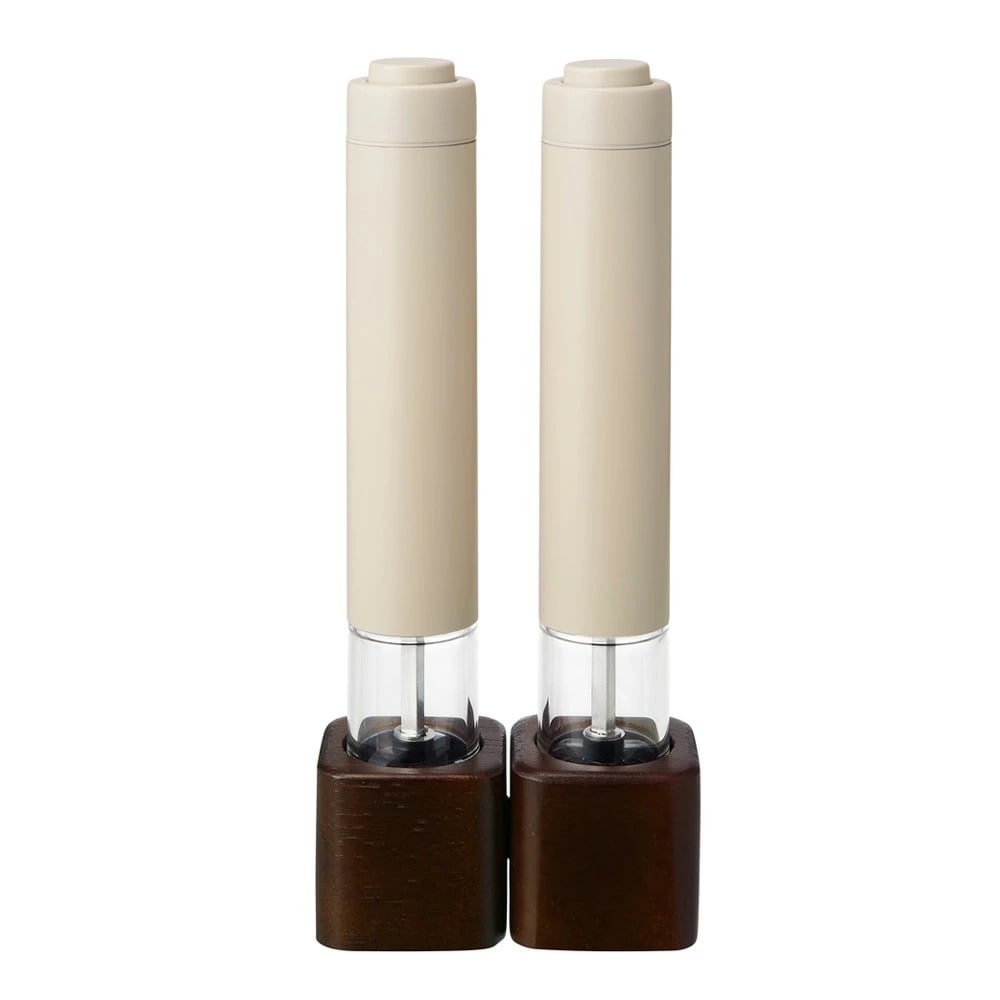 レコルト 電動ソルト&ペッパーミル ミニ recolte Salt & Pepper Mill Mini RMM-1 ≪クリームホワイト≫ ソルト ペッパーミル セット 電動 電動ミル スパイスミル ワンプッシュ 片手 木製スタンド 挽き目調整可能 おしゃれ 2本入り キッチングッズ
