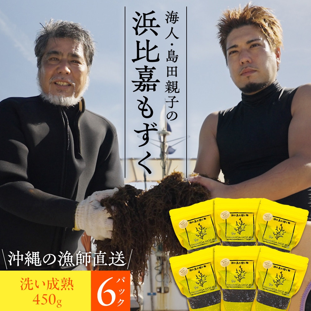 沖縄県浜比嘉島から直送 海人・島田親子の浜比嘉もずく(成熟)450g×6パック入り 洗いもずく 生もずく 塩抜き不要 洗わずそのまま使える 冷凍保存可 送料無料