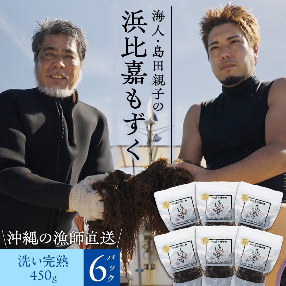 沖縄県浜比嘉島から直送 海人・島田親子の浜比嘉もずく(完熟)450g×6パック入り 洗いもずく 生もずく 塩抜き不要 洗わずそのまま使える 冷凍保存可 送料無料