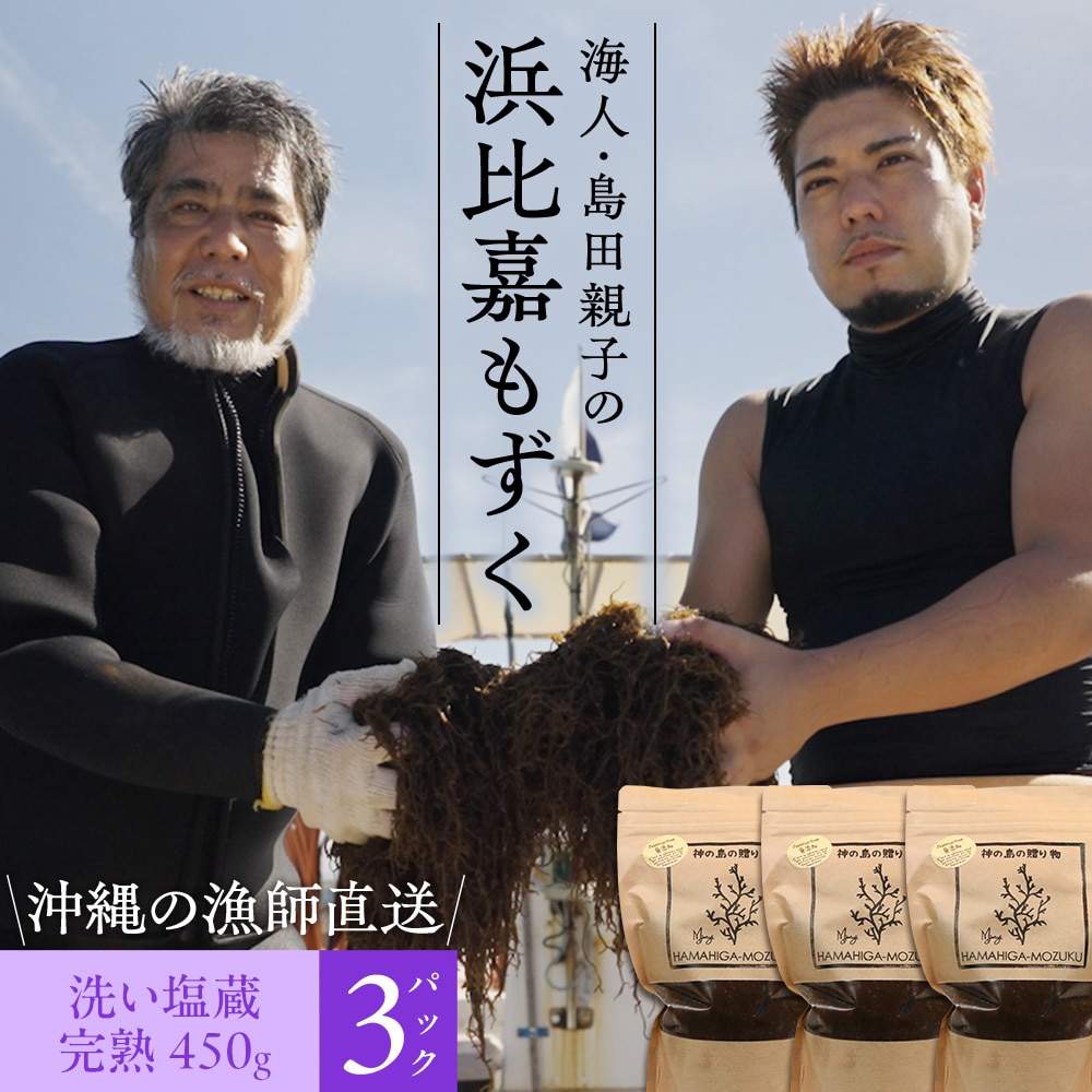 沖縄県浜比嘉島から直送 海人・島田親子の浜比嘉もずく(完熟)450g×3パック入り 洗い塩蔵もずく 塩分濃度10% 洗わずそのまま使える 送料無料