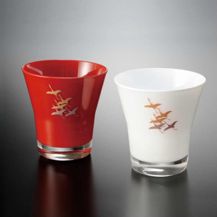 【父の日のプレゼントに最適】【ガラス×漆器】 ぬりもん de Verra フリーグラス 蒔絵 千羽鶴【赤・白セット】2個セット 母の日 父の日 敬老の日 プレゼント ギフト 名入れ 結婚祝い 内祝い 引出物 新築祝い 日本製