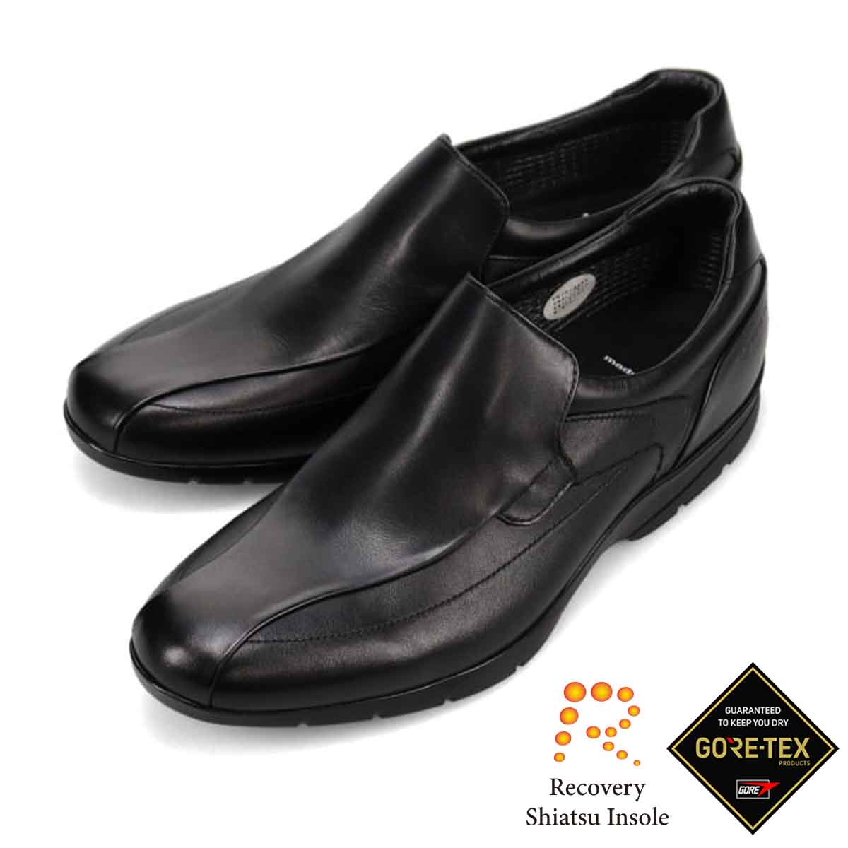 【GORE-TEX】マドラスウォーク madras Walk 「Recovery Shiatsu Insole」搭載で指圧効果により血行をよくする。 全天候快適なゴアテックススリッポン・カジュアルシューズ MW7702R BLACK 25