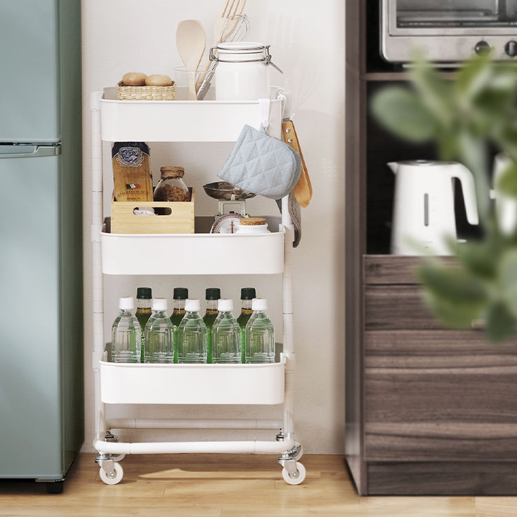 キッチンワゴン 高さ調節可能 白 フック付属