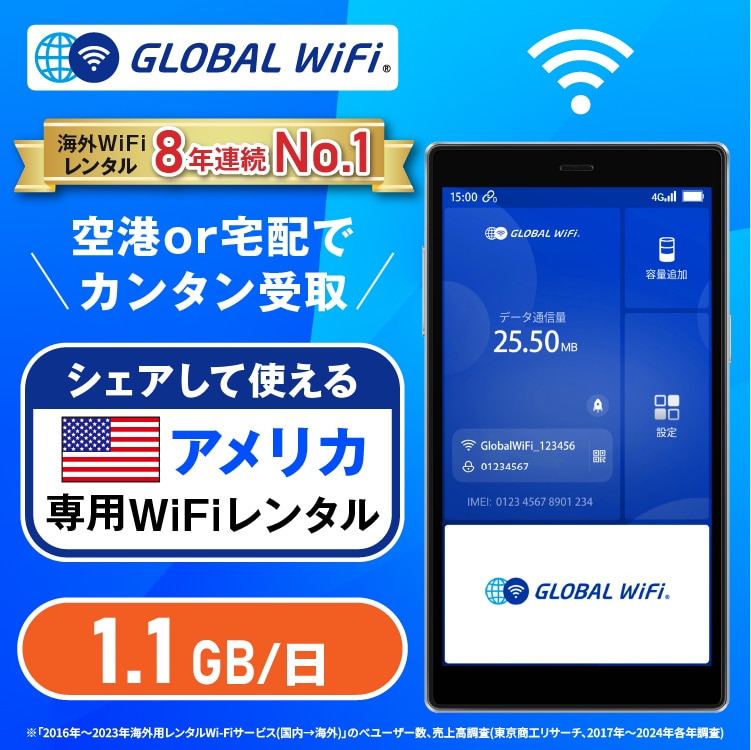 アメリカ wifi レンタル 1日 容量 1.1GB