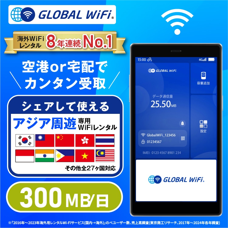 アジア周遊 wifi レンタル 1日 容量 300MB
