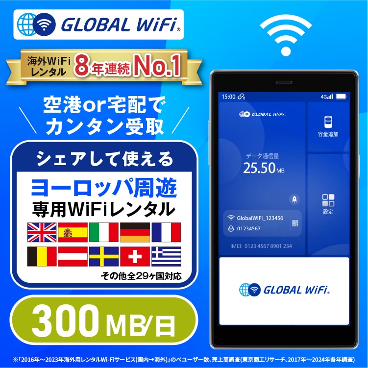 ヨーロッパ周遊 wifi レンタル 1日 容量 300MB