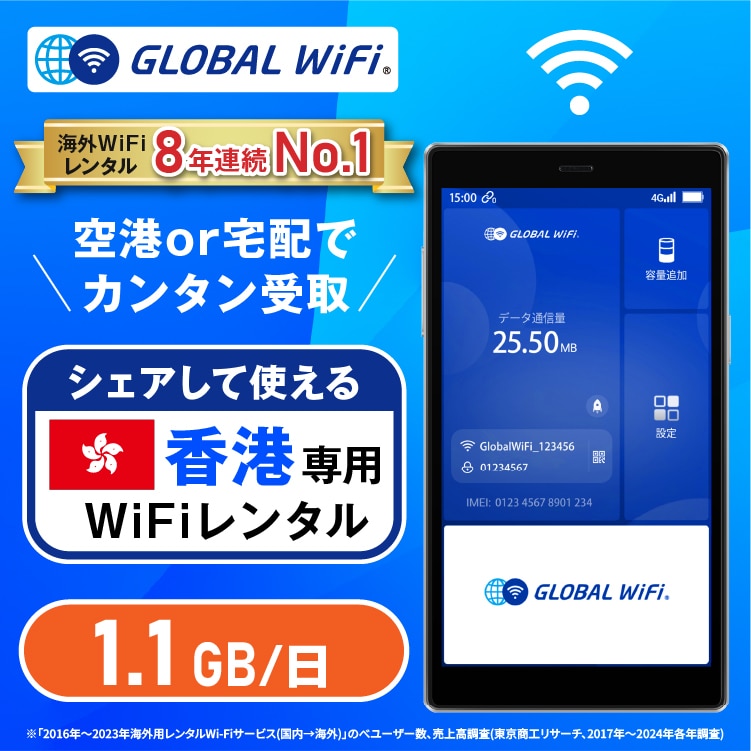 香港 wifi レンタル 1日 容量 1.1GB