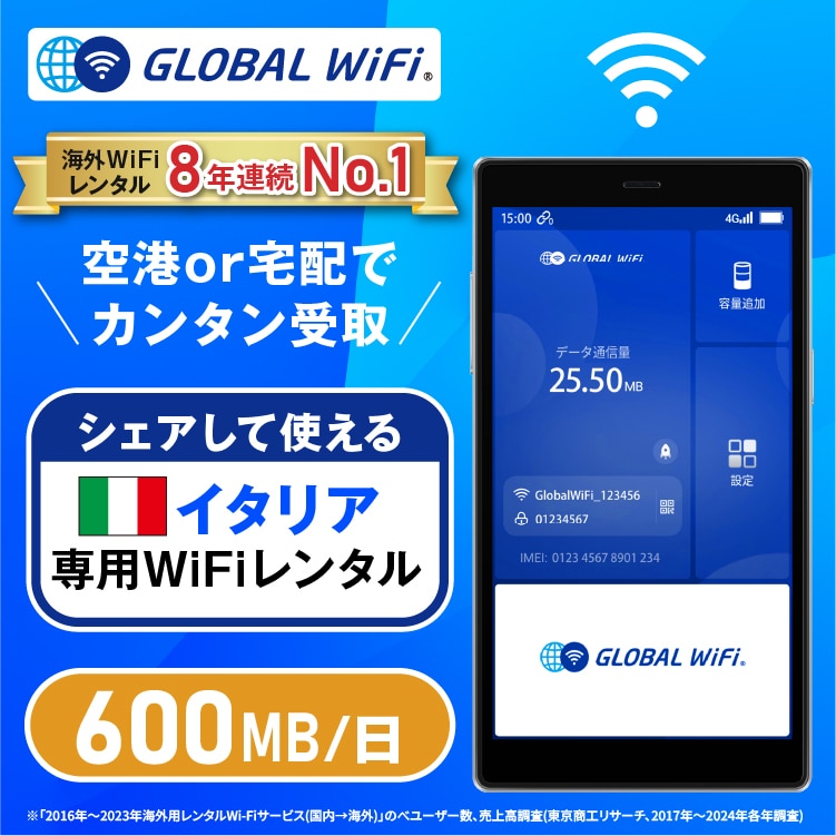 イタリア wifi レンタル 1日 容量 600MB