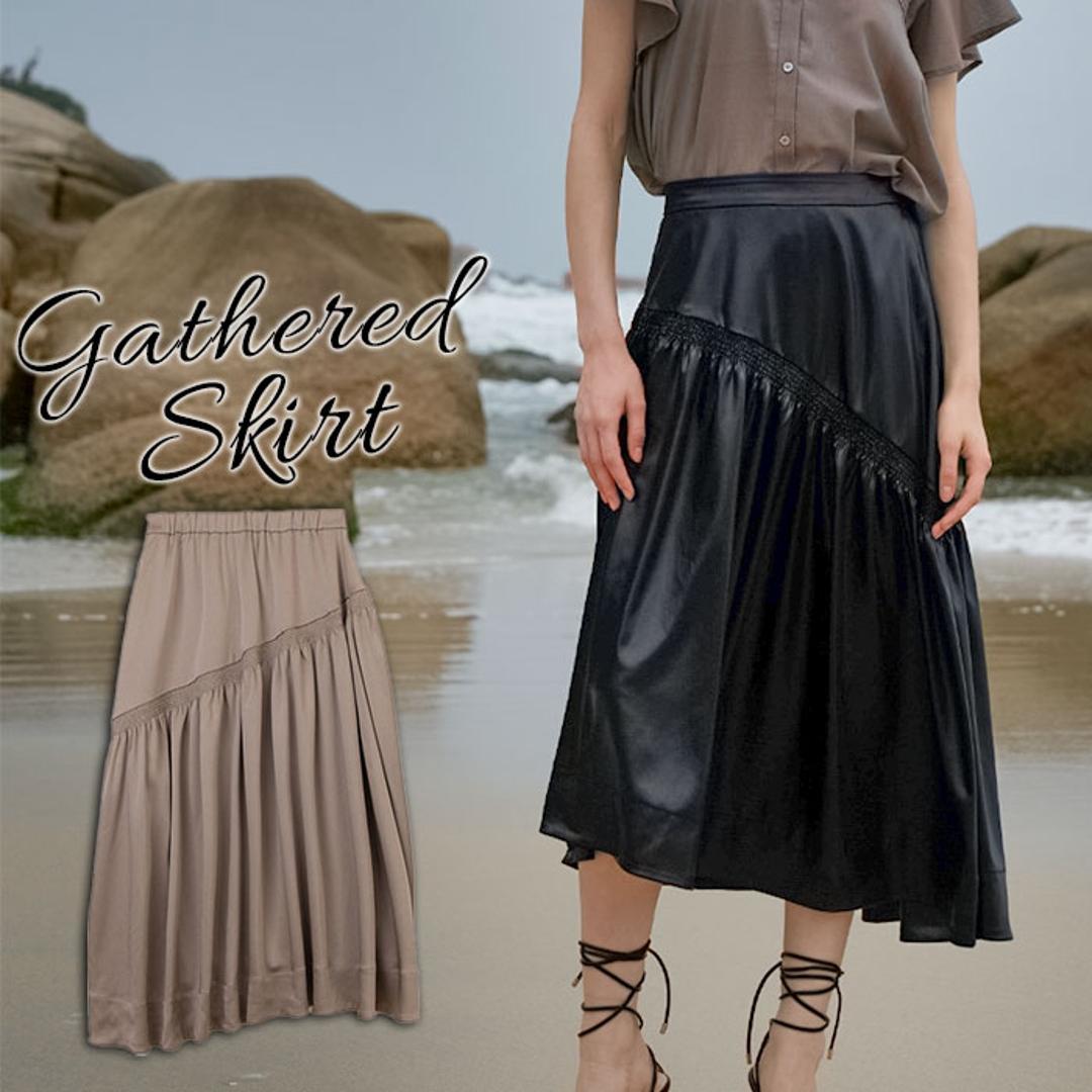 MIND レザーライクサテンギャザースカート 通販 スカート ギャザースカート ひざ丈スカート レディース ギャザー ひざ丈 膝丈 ひざ下 アシンメトリー サテンスカート 光沢 おしゃれ ブランド マインド 123S004 ボトムス レディースファッション black ・
