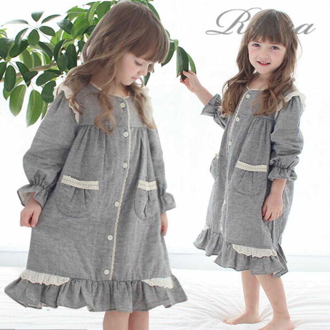 Rora キッズ パジャマ 女の子 ジュニア 通販 ワンピース 10006251 パジャマドレス ナイトドレス ルームワンピース 長袖 ポケット レース フリル おしゃれ かわいい オシャレ 可愛い ワンピ ルームウェア ナイトウェア 子ども服 子供服 キッズファッション GRAY L