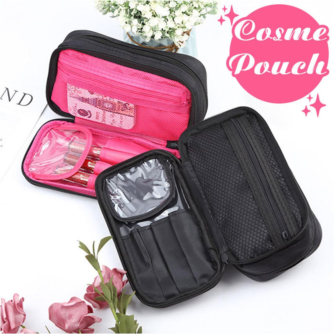コスメポーチ 持ち歩き 通販 ポーチ 化粧ポーチ メイクポーチ トラベルポーチ 小物入れ 化粧品入れ 収納 小さめ 仕切り 整理 ポケット コンパクト シンプル かわいい おしゃれ ブラック×ピンク ・