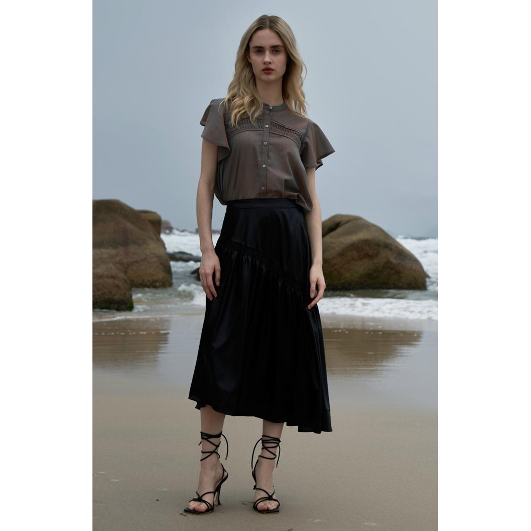 MIND レザーライクサテンギャザースカート 通販 スカート ギャザースカート ひざ丈スカート レディース ギャザー ひざ丈 膝丈 ひざ下 アシンメトリー サテンスカート 光沢 おしゃれ ブランド マインド 123S004 ボトムス レディースファッション black ・