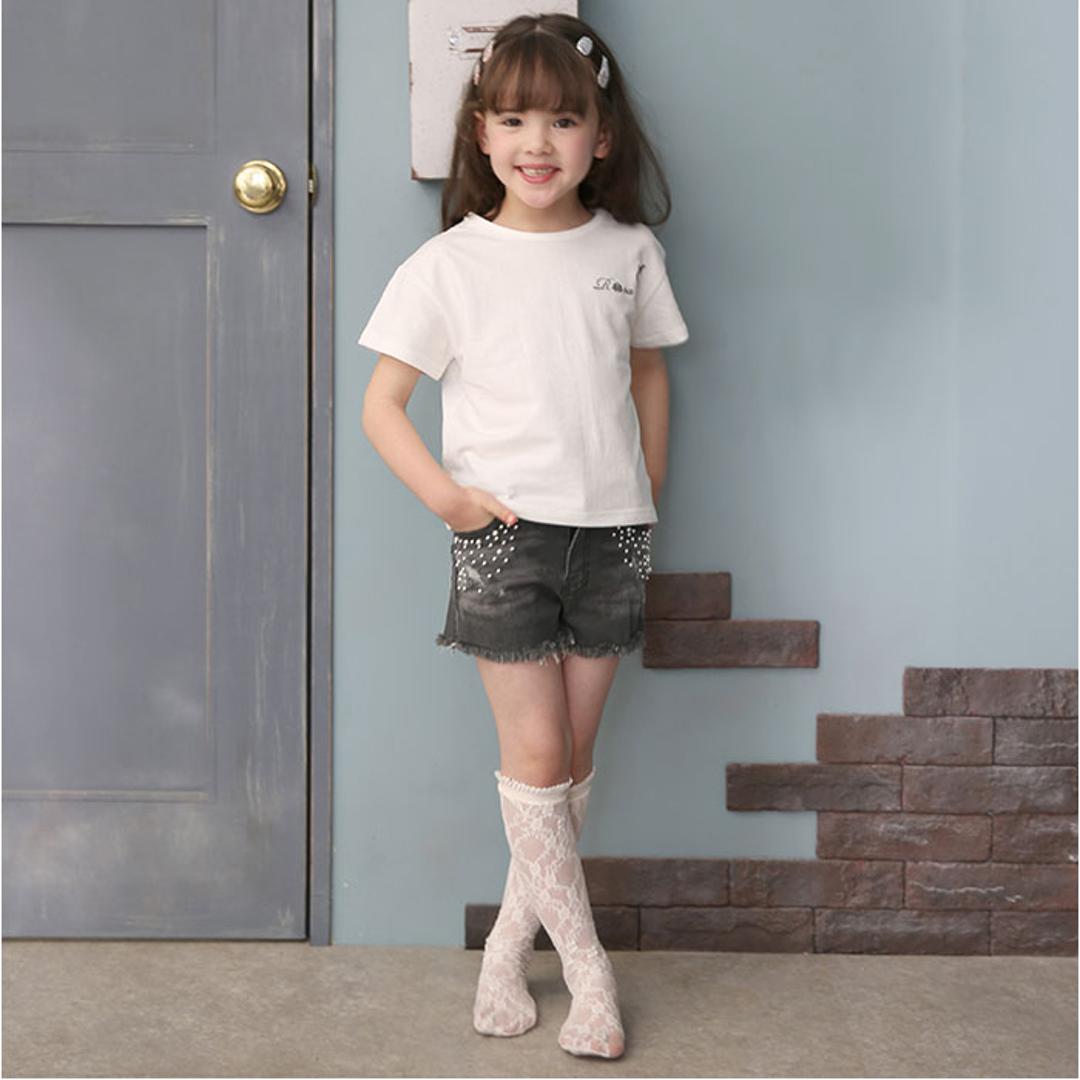 Rora ショートパンツ 通販 ローラ エステラ ハーフパンツ 短パン デニムパンツ デニム キッズ 子供 こども 子ども 女の子 女子 パール レース おしゃれ かわいい オシャレ 可愛い カジュアル ボトムス 子ども服 子供服 キッズファッション チャコールグレー 110cm