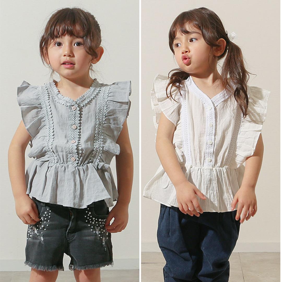 Rora ブラウス 襟なし 通販 ローラ レナ カットソー キッズ 子供 女の子 女子 こども 子ども きれいめ フレンチスリーブ フリル レース ボタン おしゃれ かわいい オシャレ 可愛い カジュアル トップス 子ども服 子供服 キッズファッション グレー 110cm