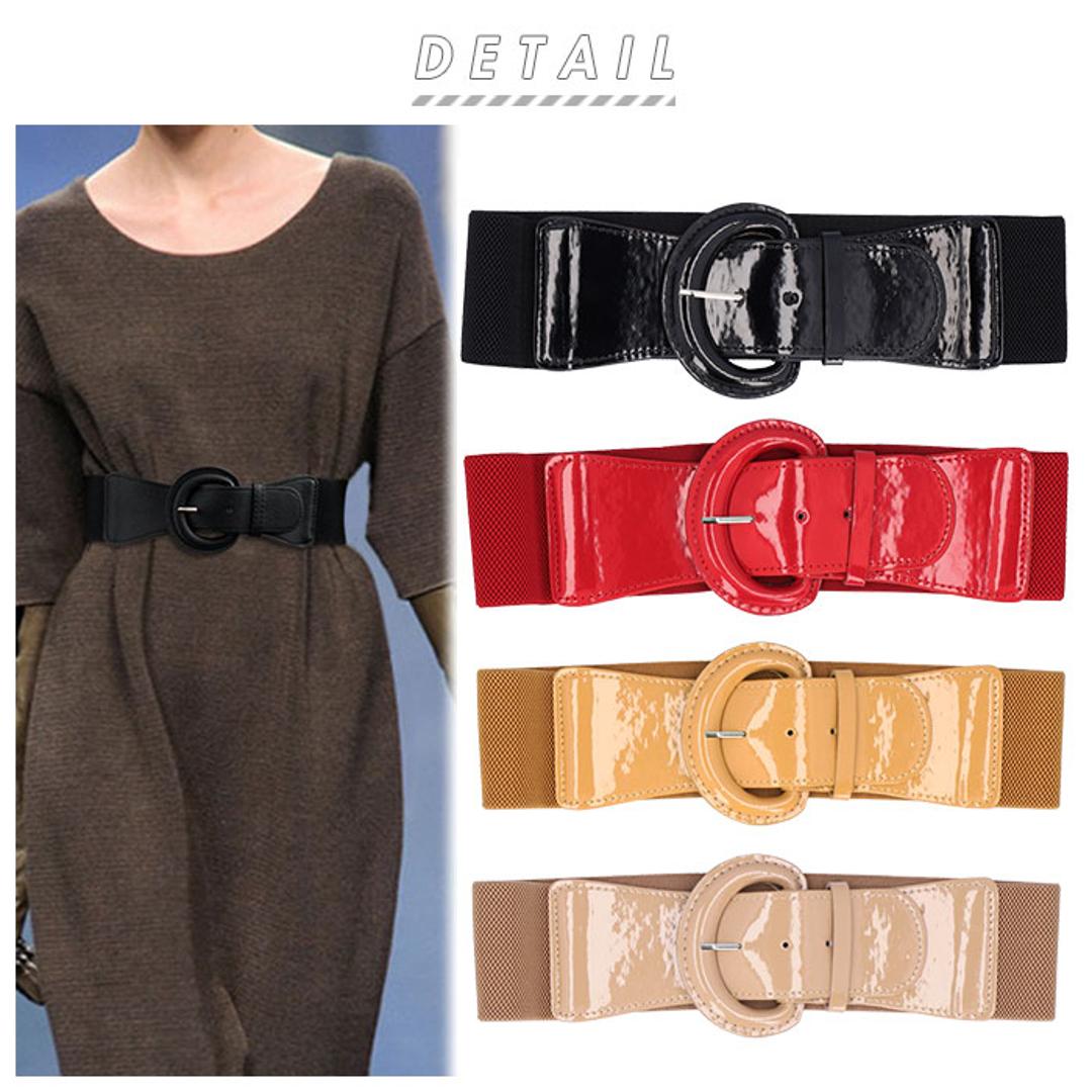 ベルト レディース 太 通販 ゴムベルト おしゃれ ゴム 太い 6cm 幅 フリーサイズ 3段階 サイズ調整 大きいサイズ シンプル バックル ウエストマーク ワンピース パーティー ドレス ファッショングッズ ファッション雑貨 ファッション小物 レッド ・