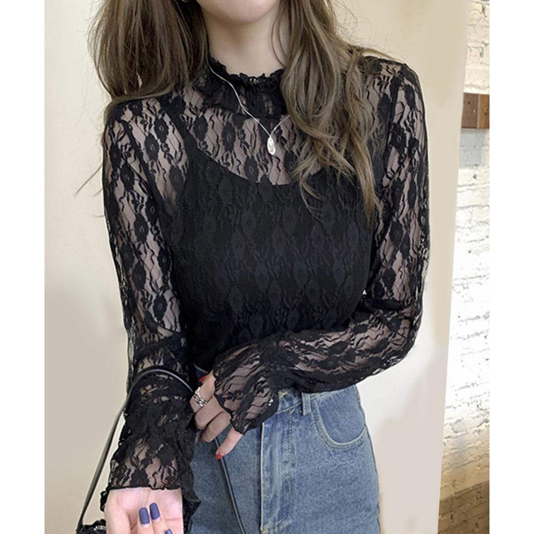 シースルー ブラウス 通販 シースルーブラウス 長袖ブラウス レースブラウスレディース レディース 女性 トップス ハイネックブラウス レーストップス 長袖トップスおしゃれ 長袖トップスレディース 春夏秋 上品 透け感 立ち襟 オシャレ かわいい 可愛い ホワイト Mサイズ