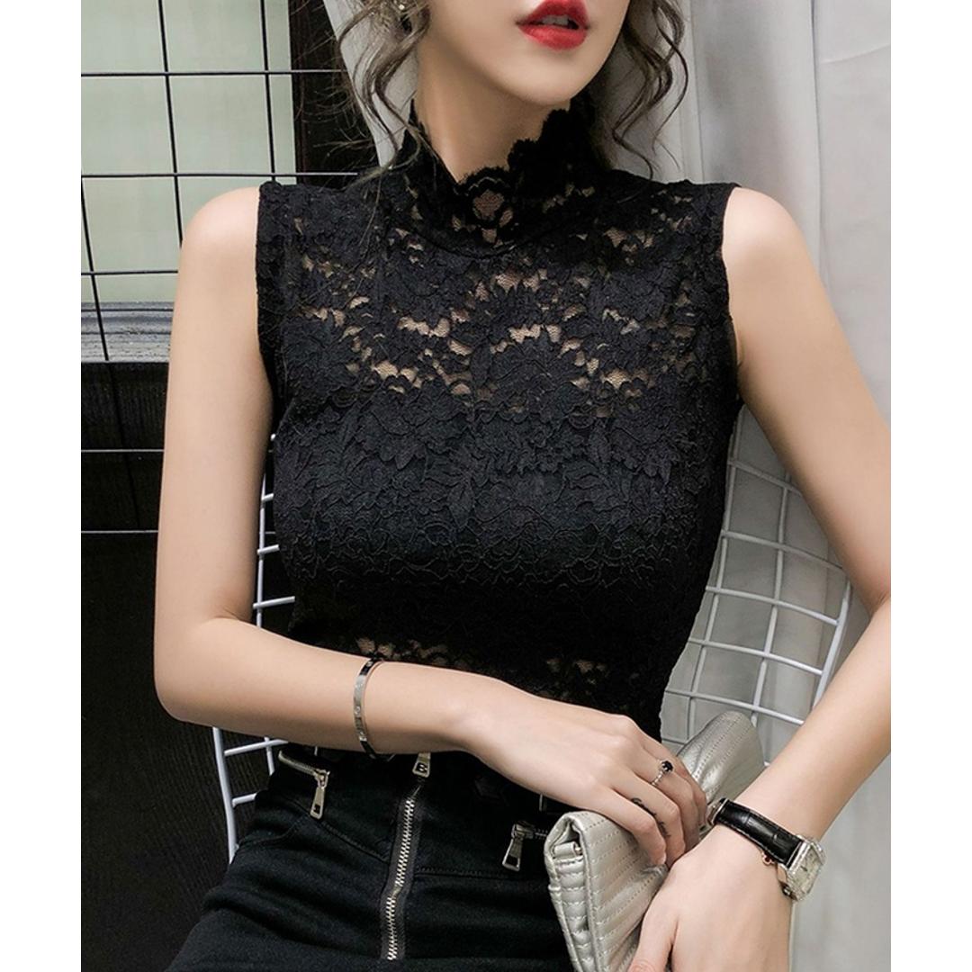 ハイネック レース タンクトップ 通販 ノースリーブ 透け感 トップス ハイネックレースインナー 袖なし 総レース レディース 大人 かわいい きれいめ 上品 セクシー おしゃれ シンプル 女性 top-076 ダイヤモンドハーツ Diamond Hearts ブラック Mサイズ