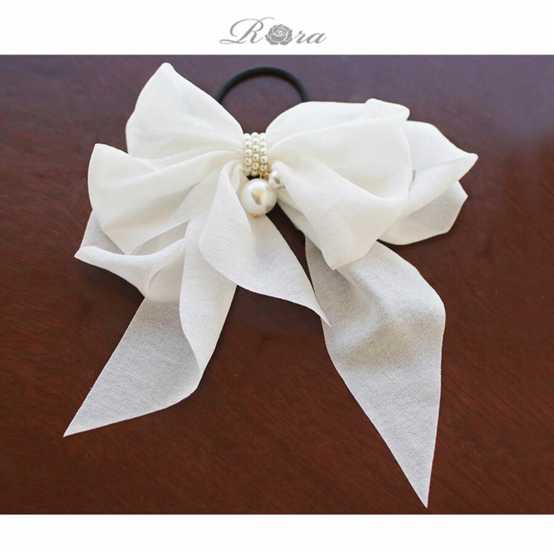 Rora ヘアゴム キッズ 通販 ルボン 髪ゴム 髪飾り 髪留め リボン シフォン 大きい パール 女の子 子供 子ども こども おしゃれ かわいい フォーマル 大人っぽい 上品 入園式 卒園式 入学式 卒業式 結婚式 パーティー ヘアアレンジ ヘアアクセサリー ホワイト FREE