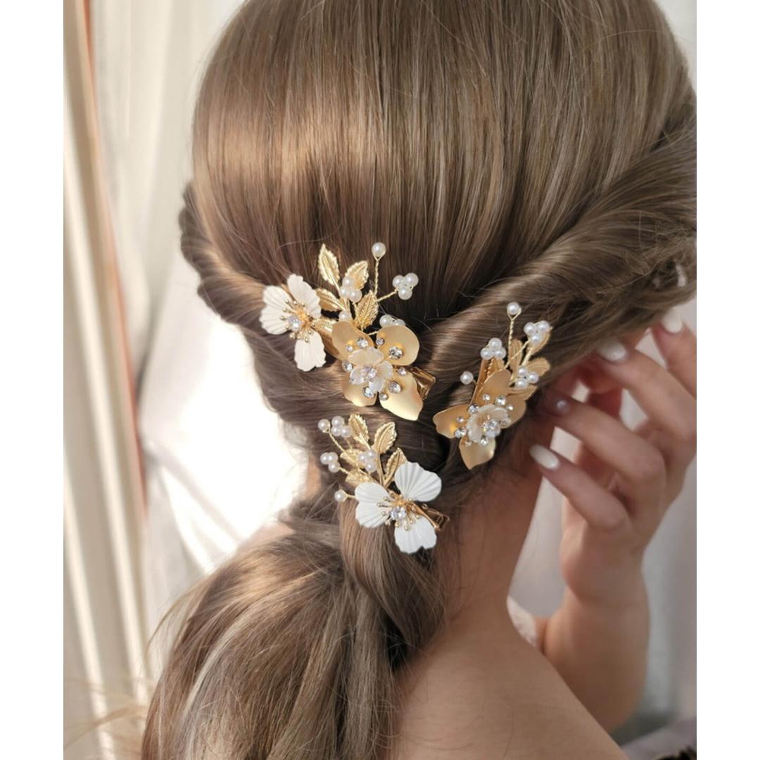 Rora ヘアクリップ キッズ 3個セット 通販 ローレン 花冠 髪飾り 髪留め 花 フラワー ゴールド 女の子 子供 子ども こども フォーマル 大人っぽい 上品 結婚式 パーティー 発表会 卒園式 入学式 七五三 誕生日 かわいい おしゃれ ヘアアクセサリー ヘアクリップ フリー
