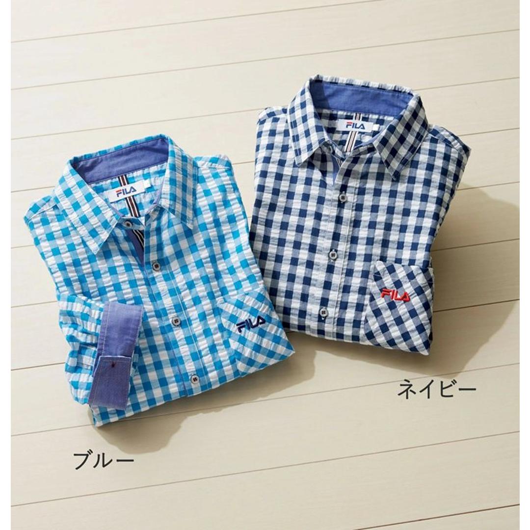 シャツ メンズ カジュアル 通販 ギンガムチェックシャツ 7分袖シャツ 7分袖 メンズシャツ カジュアルシャツ おしゃれ 軽量 ポケット 涼しい 動きやすい ラフ メンズファッション 大人 男性 通勤 オフィス FILA 敬老の日 ギフト プレゼント ブルー Sサイズ