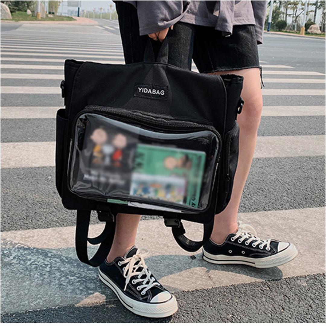 痛バッグ リュック 4way 通販 痛バ 推し活用バッグ トートバッグ ショルダー 斜めがけ 推し活 おしゃれ かわいい バッグ バック カバン 鞄 A4 大容量 透明ポケット クリア ぬいぐるみ 缶バッチ デコ 推し オタク 通学 お出かけ カジュアル ブラック ・