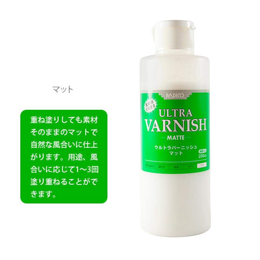 水性ニス 200ml PADICO パジコ 通販 ウルトラバーニッシュ ULTRA VARNISH ニス 水性 合成樹脂塗料 水性アクリルニス 光沢仕上げ スーパーグロス W仕上げ グロス&サテン 素材感 つや消し マット 重ね塗り 生活防水 生活耐水 仕上げ剤 粘土 クラフト クレイクラフト 手芸 スーパーグロス ・
