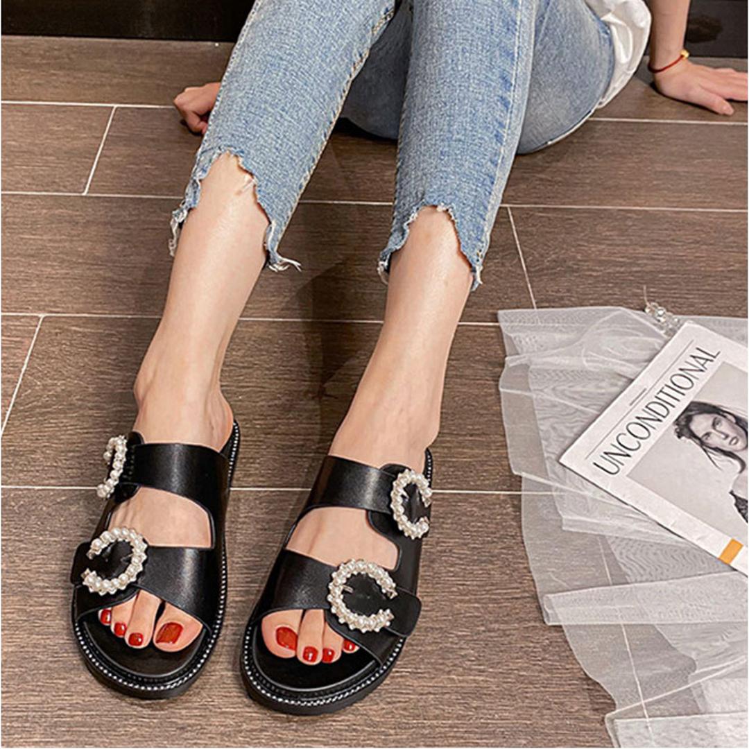 サンダル レディース かわいい 通販 フラットサンダル コンフォートサンダル スリッパ ルームシューズ 室内履き つっかけ ぺたんこ おしゃれ 靴 くつ クツ ビジュー キラキラ シューズ オフィスサンダル きれいめ カジュアル 大人 可愛い 婦人靴 オシャレ ブラック 【即日発送】35(22.5cm)