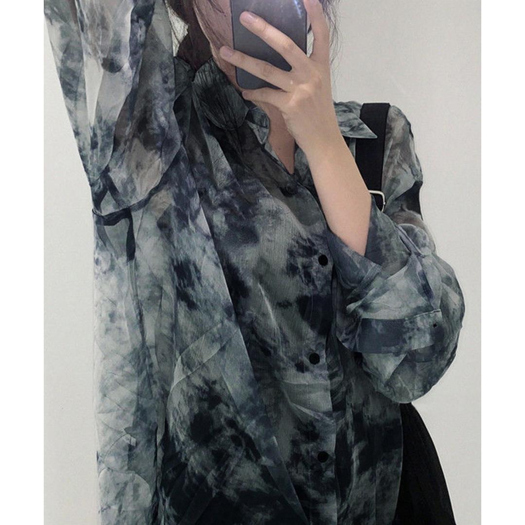 シアーシャツ 長袖 通販 シアーブラウス シアー ブラウス 長袖シャツ レディース トップス シースルーシャツ シャツ タイダイ柄 薄手 透け感 羽織り 春夏秋 冷房対策 カジュアル オシャレ かわいい 可愛い おしゃれ レディースファッション ブルー系その他2 ・