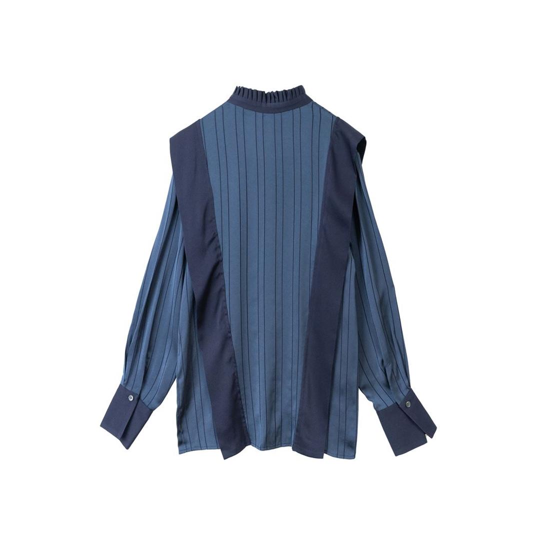 MIND マインド 襟 ギャザー ブラウス 通販 長袖ブラウス シャツ 長袖シャツ 襟ギャザー シワになりにくい 光沢感 上品 透け感 涼しげ 清潔感 ドレープ エレガント 大人 シンプル オシャレ おしゃれ デザイン 女性 トップス 仕事 ビジネス navy ・