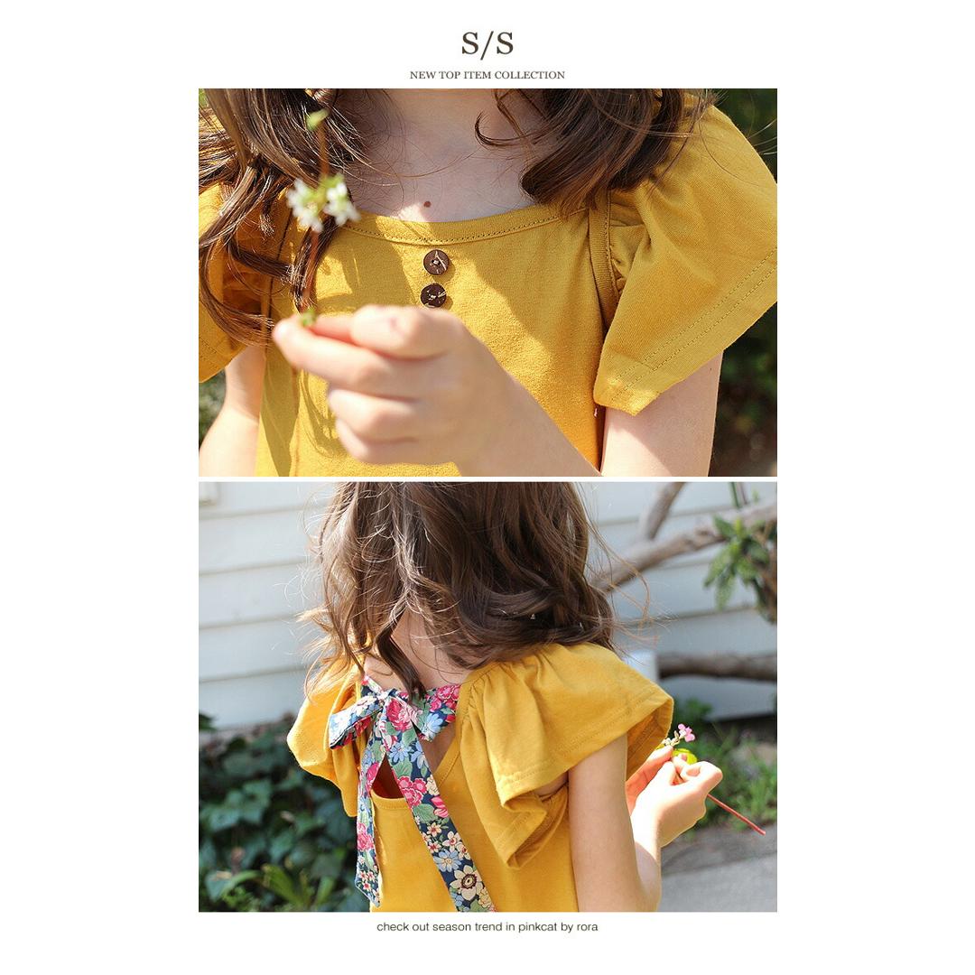 Rora キッズ Tシャツ 半袖 女の子 通販 ローラ カットソー 半袖Tシャツ 夏服 半袖トップス トップス バックリボン 袖フリル 可愛い おしゃれ かわいい オシャレ こども 女子 通園 通学 子供服 こども服 子ども服 キッズファッション ナチュラルマスタード 140cm