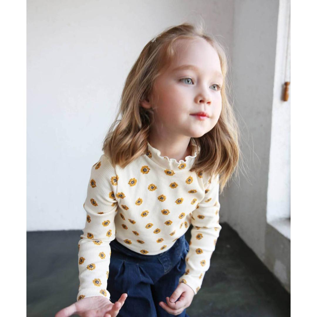 Rora 女の子 キッズ 長袖 Tシャツ 通販 ロンT 63042302 長袖Tシャツ カットソー リブ編み ハイネック 花柄 ひまわり おしゃれ かわいい オシャレ 可愛い 秋 冬 春 秋冬 こども 女子 小学生 トップス 子ども服 子供服 キッズファッション ココア 100cm