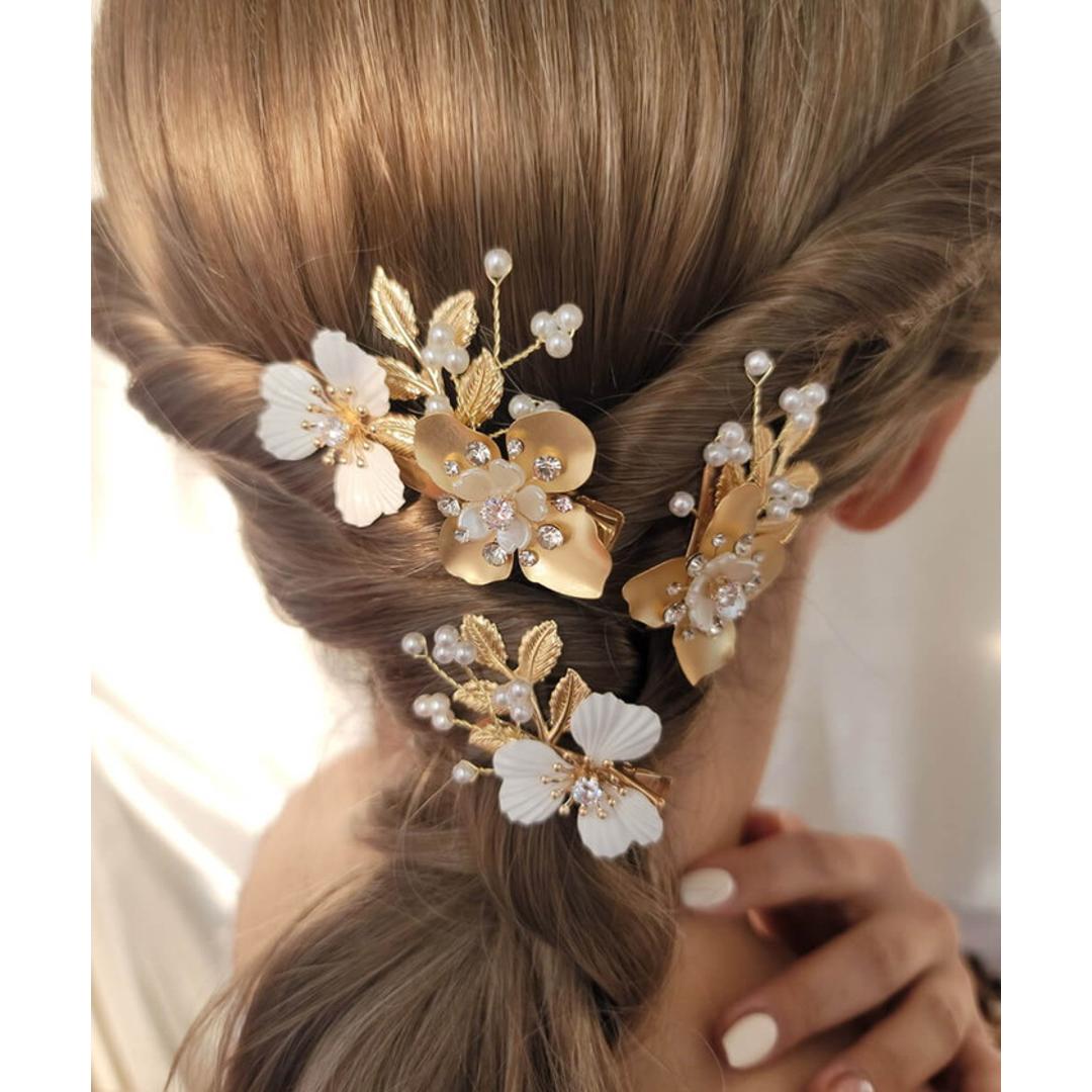 Rora ヘアクリップ キッズ 3個セット 通販 ローレン 花冠 髪飾り 髪留め 花 フラワー ゴールド 女の子 子供 子ども こども フォーマル 大人っぽい 上品 結婚式 パーティー 発表会 卒園式 入学式 七五三 誕生日 かわいい おしゃれ ヘアアクセサリー ヘアクリップ フリー