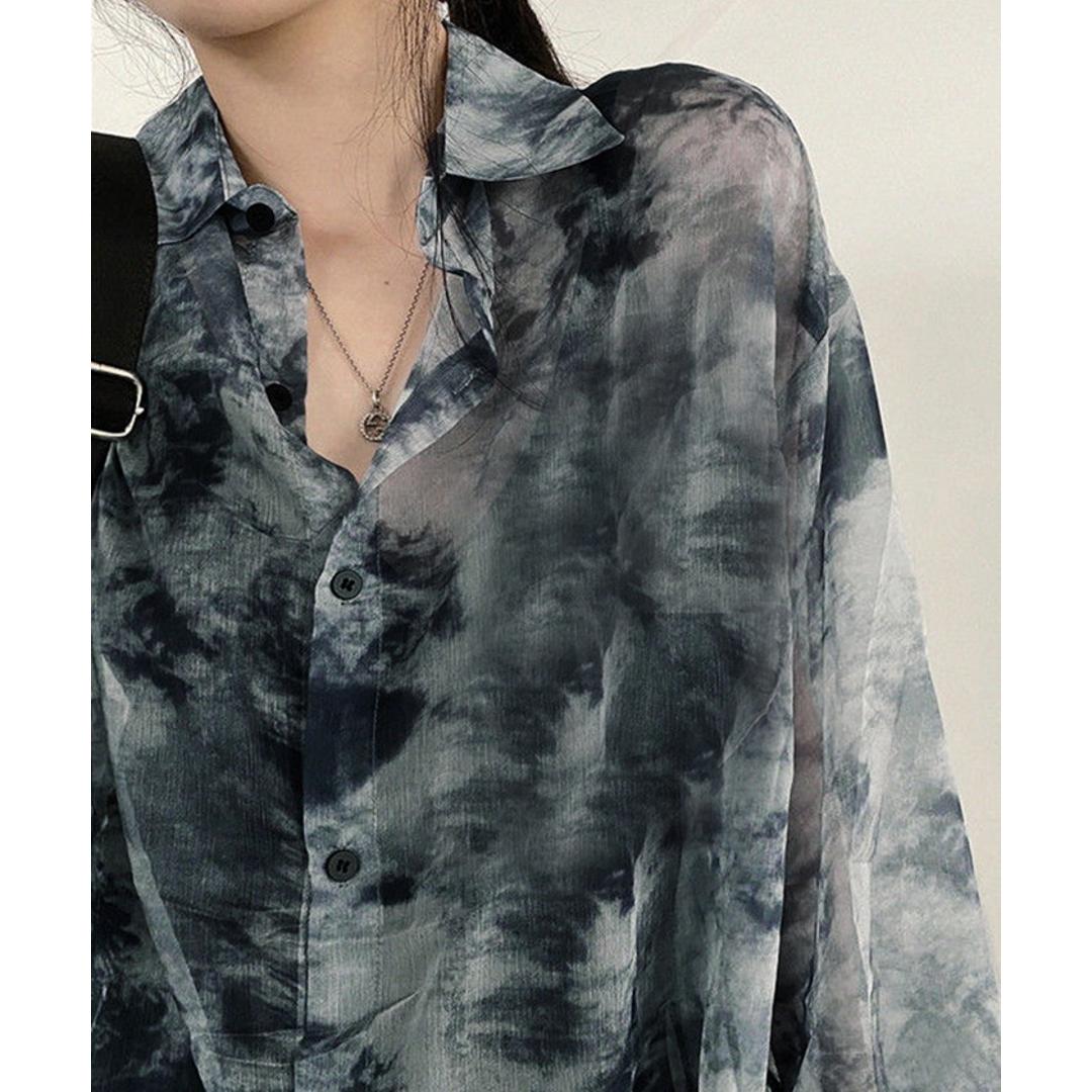 シアーシャツ 長袖 通販 シアーブラウス シアー ブラウス 長袖シャツ レディース トップス シースルーシャツ シャツ タイダイ柄 薄手 透け感 羽織り 春夏秋 冷房対策 カジュアル オシャレ かわいい 可愛い おしゃれ レディースファッション ブルー系その他2 ・