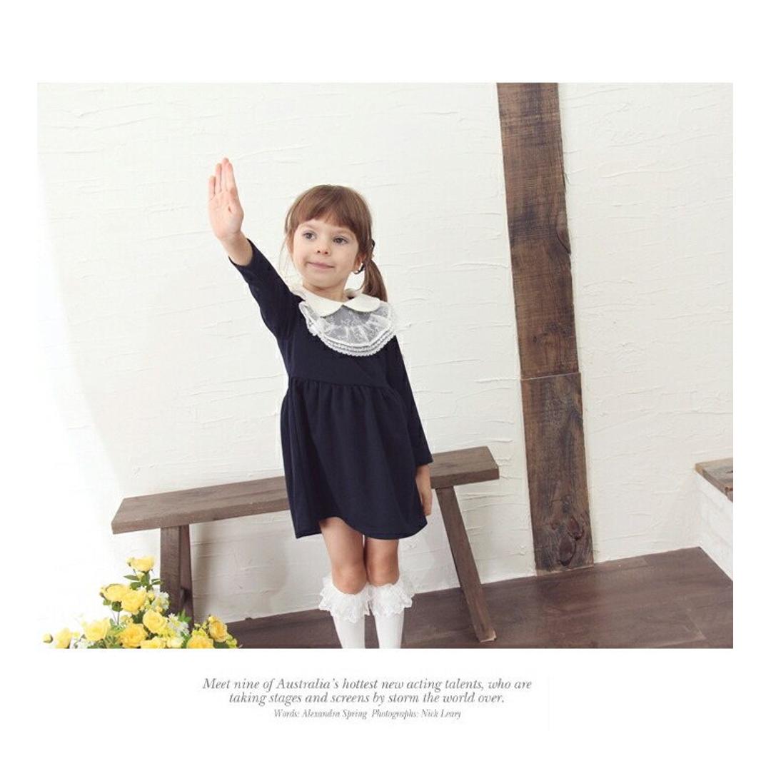 Rora ワンピース キッズ 長袖 通販 ドレスワンピース 10002866 子供 ドレス 女の子 卒園式 入園式 入学式 結婚式 パーティ 発表会 七五三 丸襟 レース 紺 ネイビー かわいい オシャレ 可愛い おしゃれ フォーマル 子ども服 子供服 キッズファッション NAVY 100cm