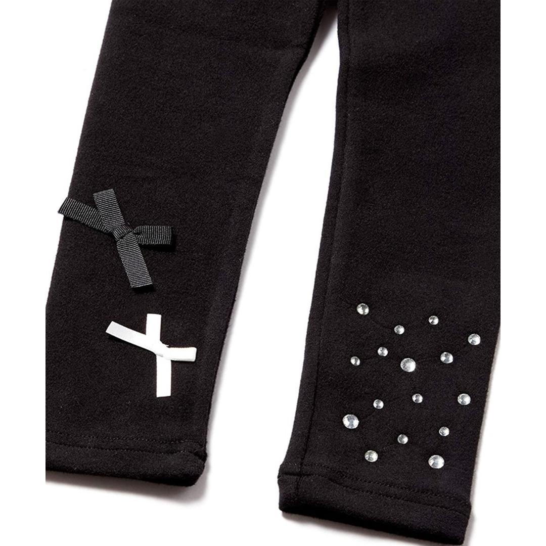 Rora 女の子 キッズ レギンス かわいい 通販 スパッツ 10002931 パンツ 秋 冬 春 10分丈 十分丈 黒 アシンメトリー リボン ストーン こども 小学生 女子 おしゃれ 可愛い オシャレ ボトムス レッグウェア 子ども服 子供服 キッズファッション BLACK 100cm