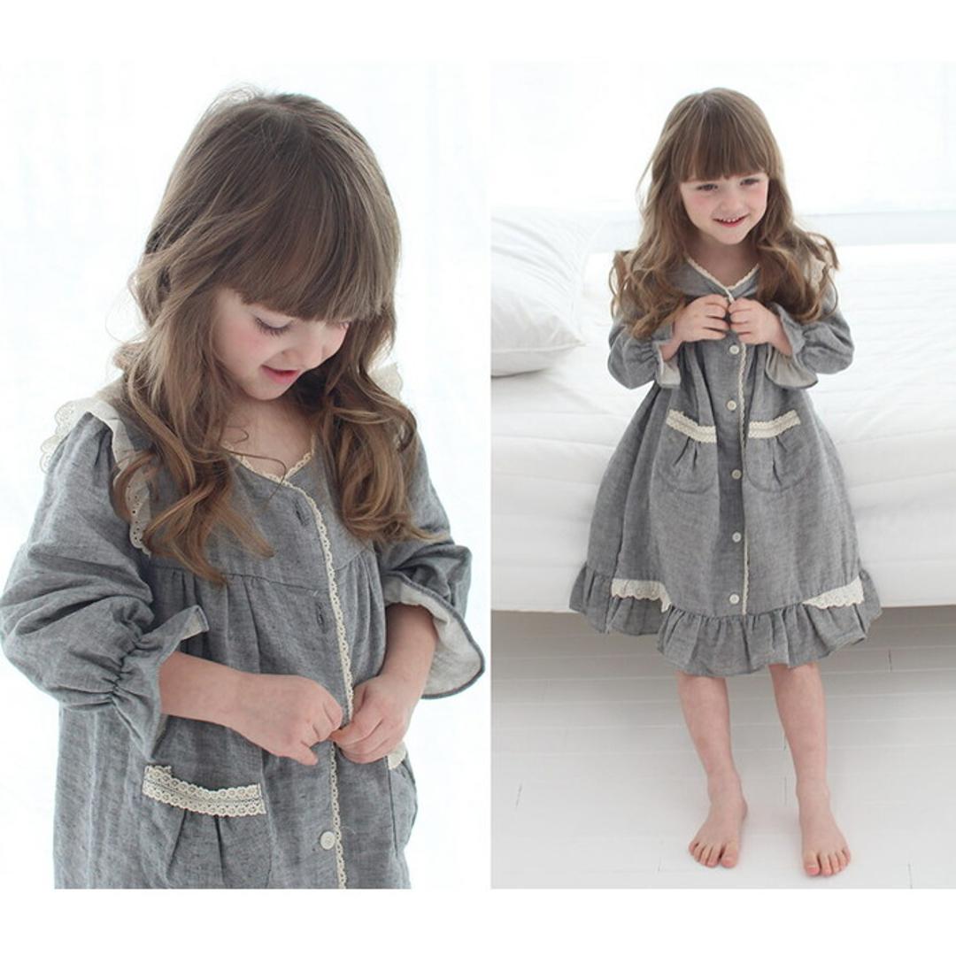 Rora キッズ パジャマ 女の子 ジュニア 通販 ワンピース 10006251 パジャマドレス ナイトドレス ルームワンピース 長袖 ポケット レース フリル おしゃれ かわいい オシャレ 可愛い ワンピ ルームウェア ナイトウェア 子ども服 子供服 キッズファッション GRAY L