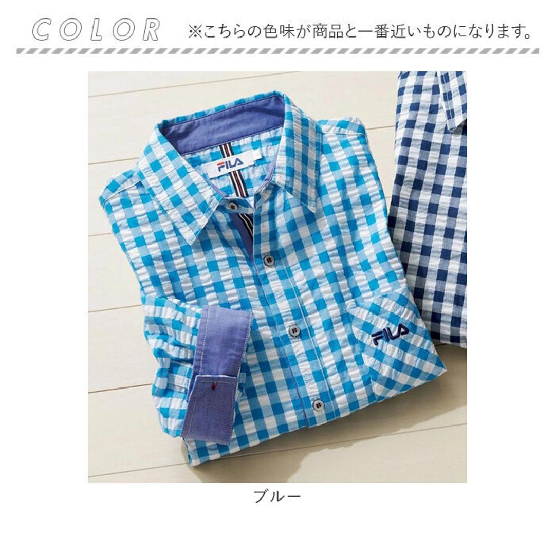 シャツ メンズ カジュアル 通販 ギンガムチェックシャツ 7分袖シャツ 7分袖 メンズシャツ カジュアルシャツ おしゃれ 軽量 ポケット 涼しい 動きやすい ラフ メンズファッション 大人 男性 通勤 オフィス FILA 敬老の日 ギフト プレゼント ブルー Sサイズ