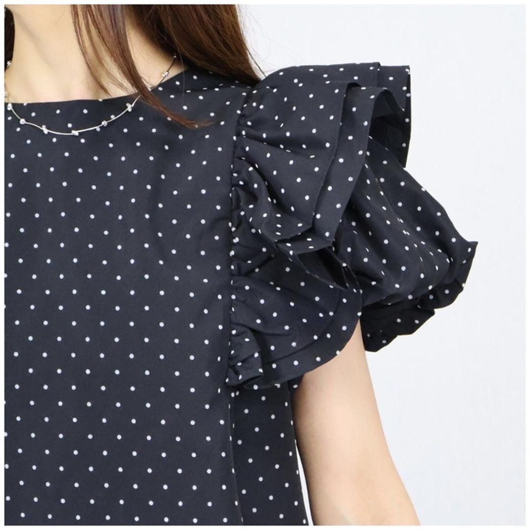 フリル 袖 トップス レディース 通販 カットソー フリルトップス プルオーバー シャツ フリル袖 半袖トップスレディース 半袖トップス フレアライン ドット 水玉 かわいい 可愛い おしゃれ オシャレ 女性 大人 通勤 通学 レディースファッション blackxwhite ・