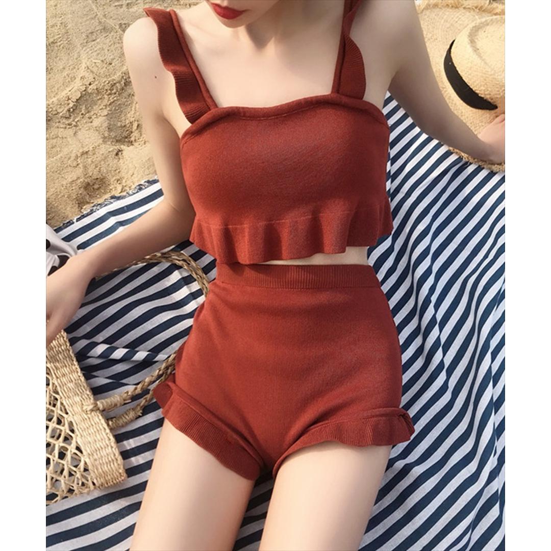 水着 レディース セパレート 通販 ダイヤモンドハーツ swm-0010 Diamond Hearts タンキニ ビキニ ツーピース スイムウェア ショートパンツ 20代 30代 おしゃれ かわいい ママ水着 フリル シンプル 大人 可愛い 無地 女性用 レッド系その他 Mサイズ